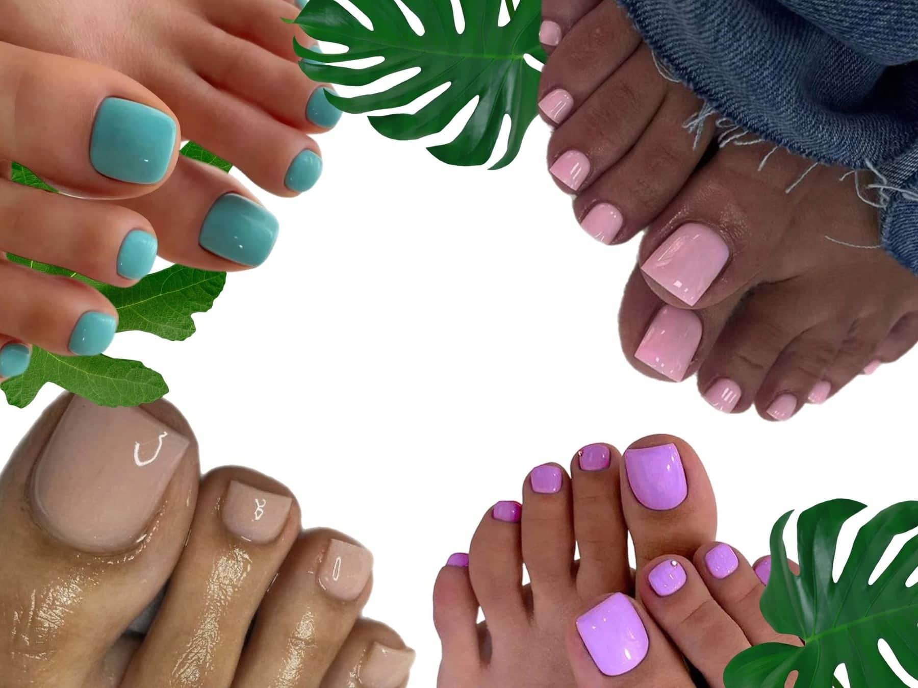 Pedicured toes in pastel gel beside a monstera leaf