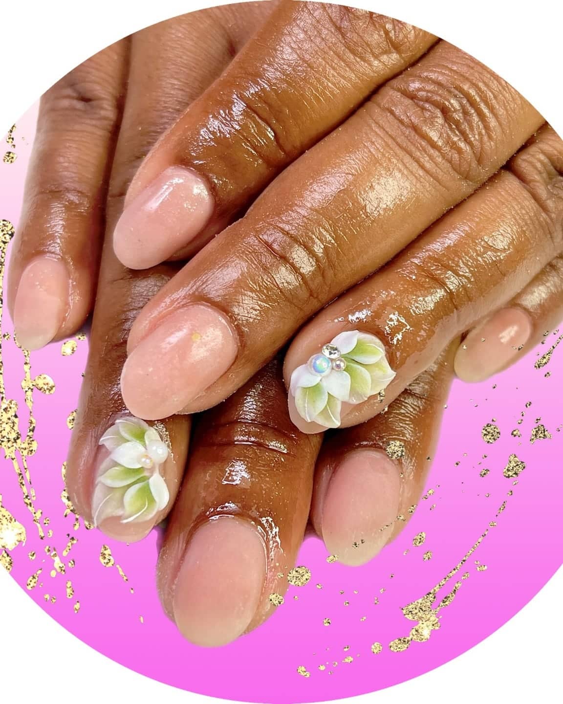 Natural nails with green blossom art on pink