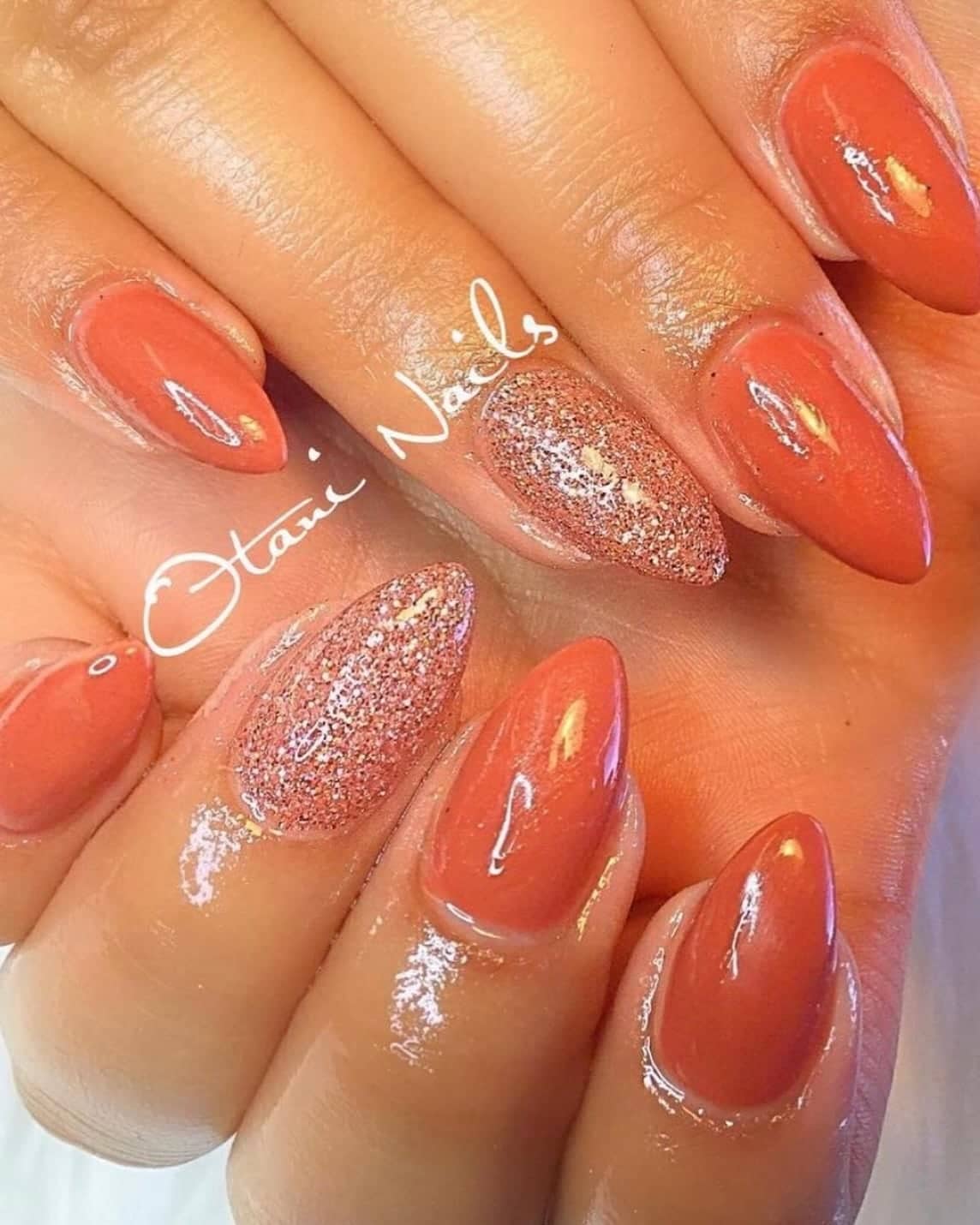 Orange ombré with glitter accent, Otani Nails watermark