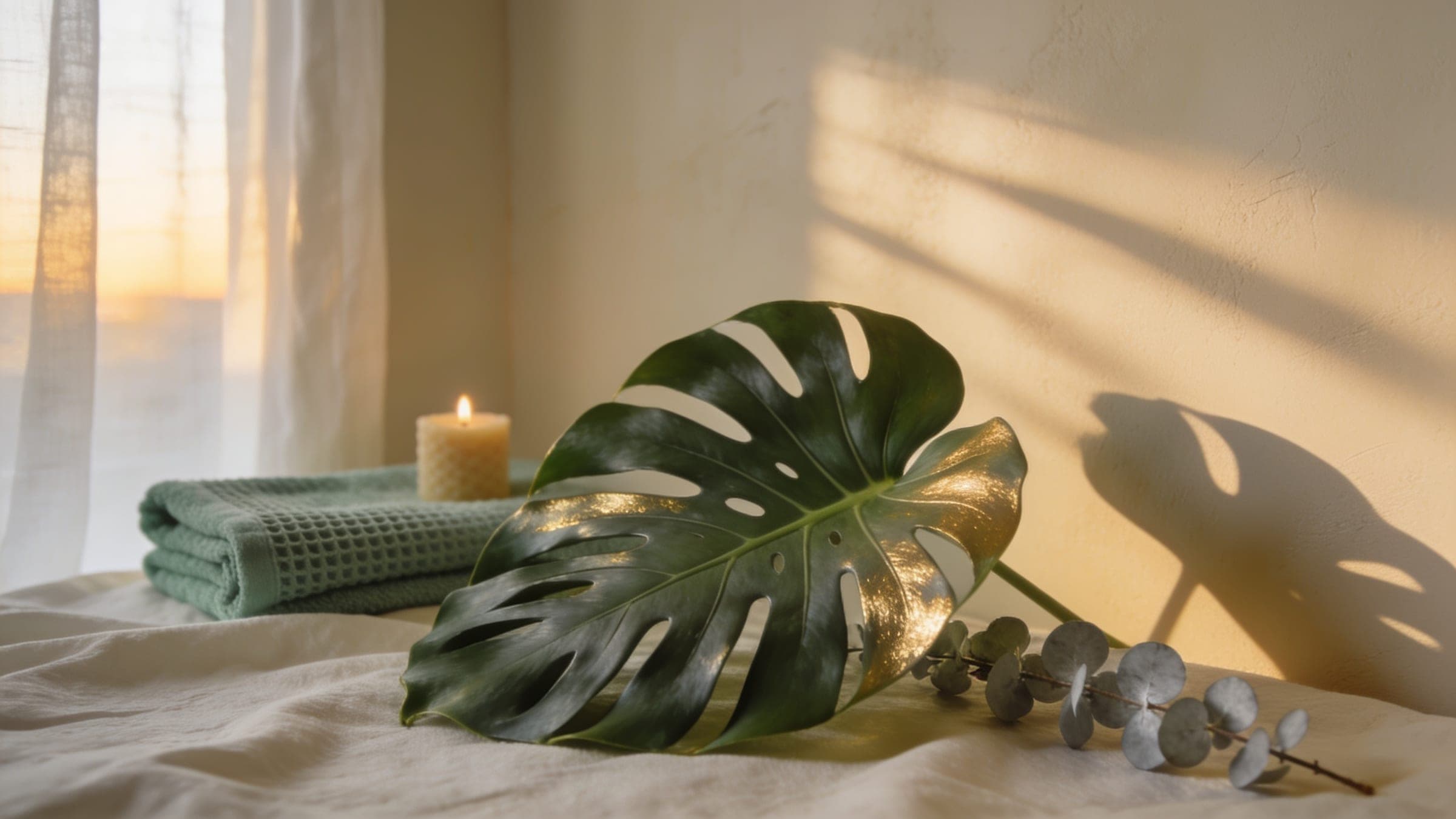 Monstera leaf and eucalyptus on cream linen in first light, a sage towel and candle behind — the studio's morning atmosphere