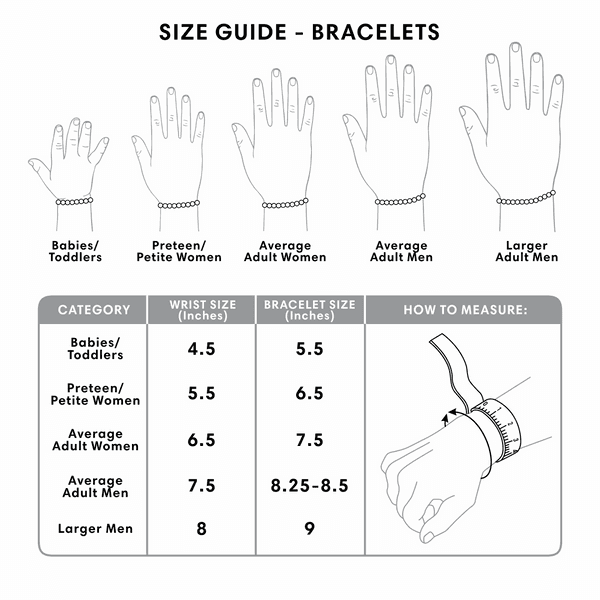 Luxury Beaded Bracelets size chart: wrist measurement against bracelet size, from toddlers to larger men
