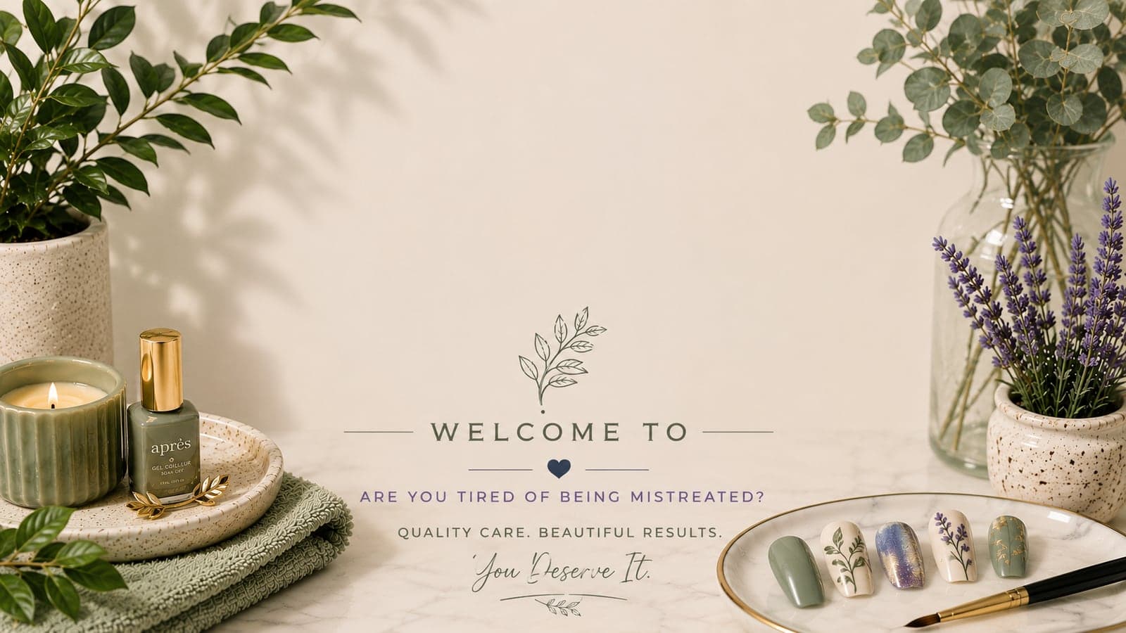 Otani's welcome card — sage towels, eucalyptus, candle